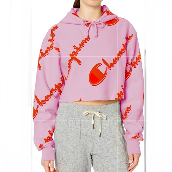 Champion Pink/Brown Thick Reverse Weave Cropped Pullover Hoodie Sweatshirt (M) - Picture 1 of 15